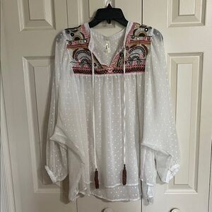 Truth White Sheer Embroidered Peasant Tunic with Pink Accents